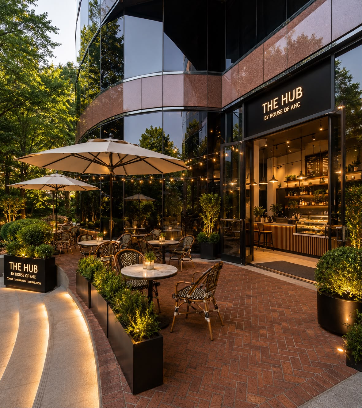 The same entrance as The Hub, an outdoor terrace at dusk