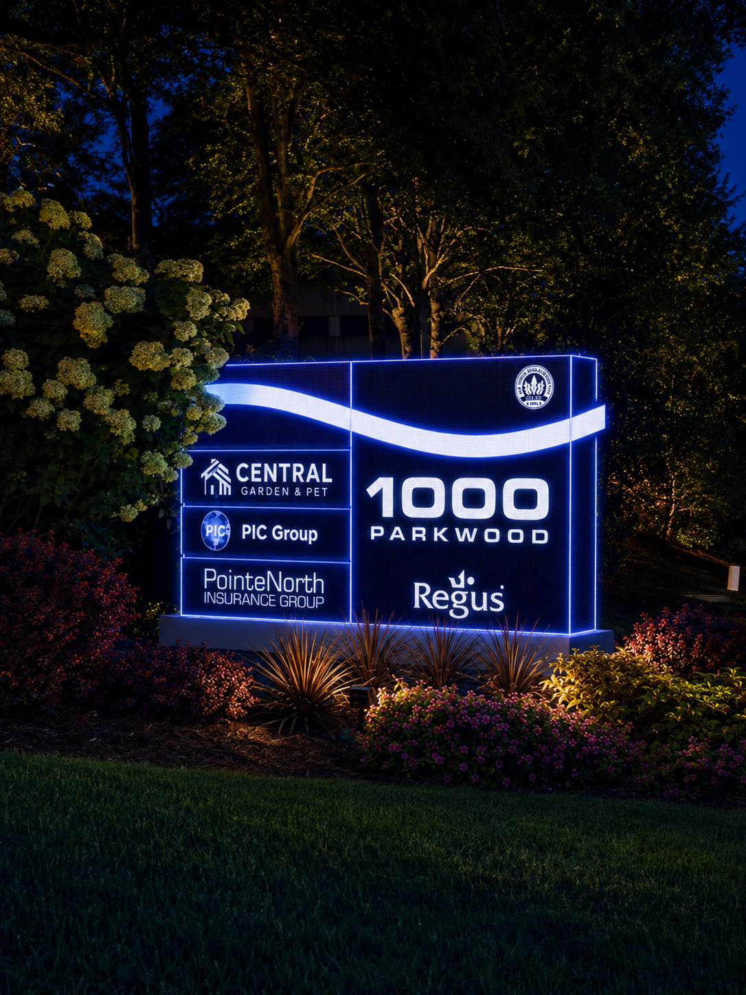 The 1000 Parkwood monument sign in full LED at night