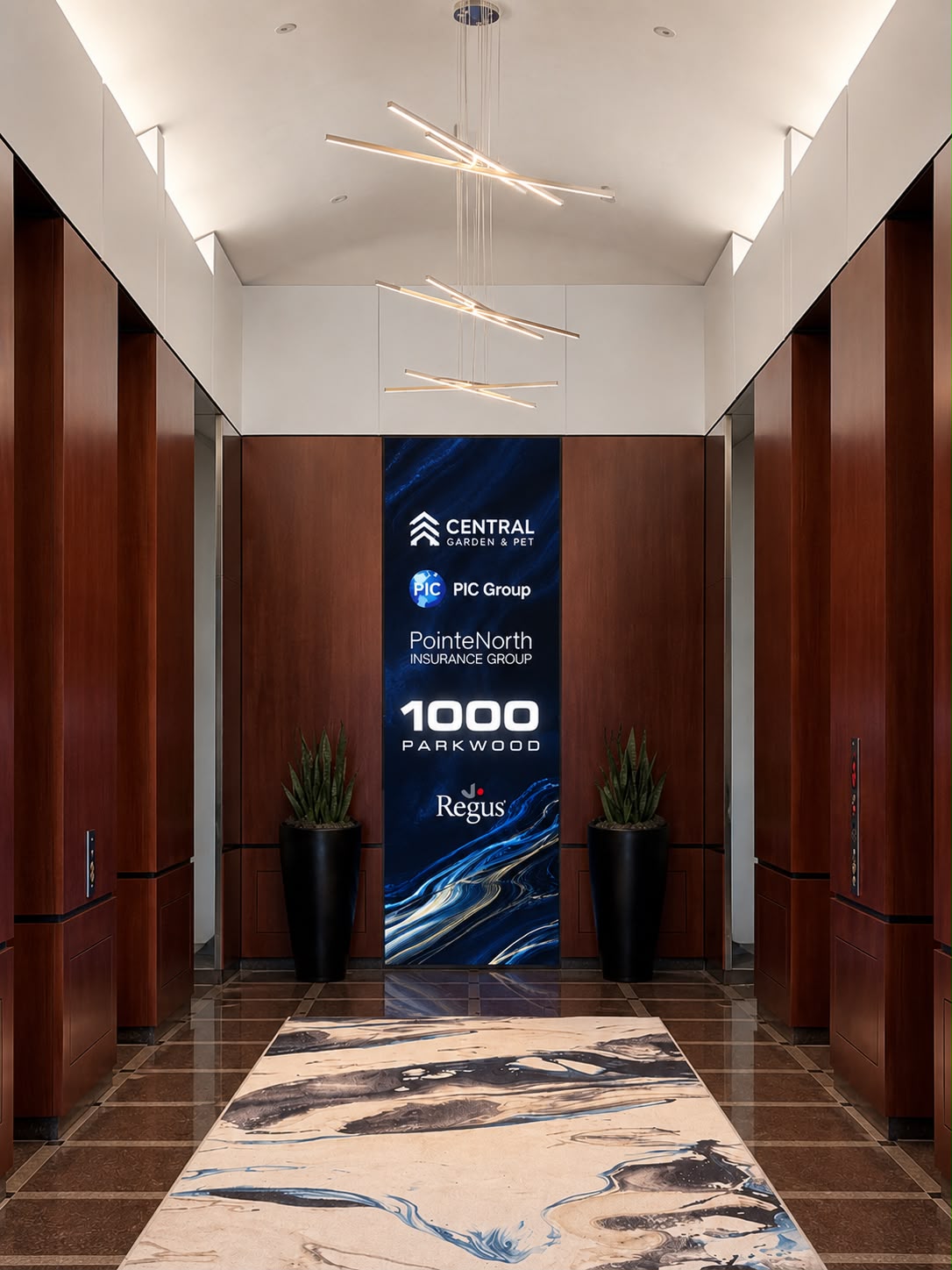 Elevator lobby with an LED banner