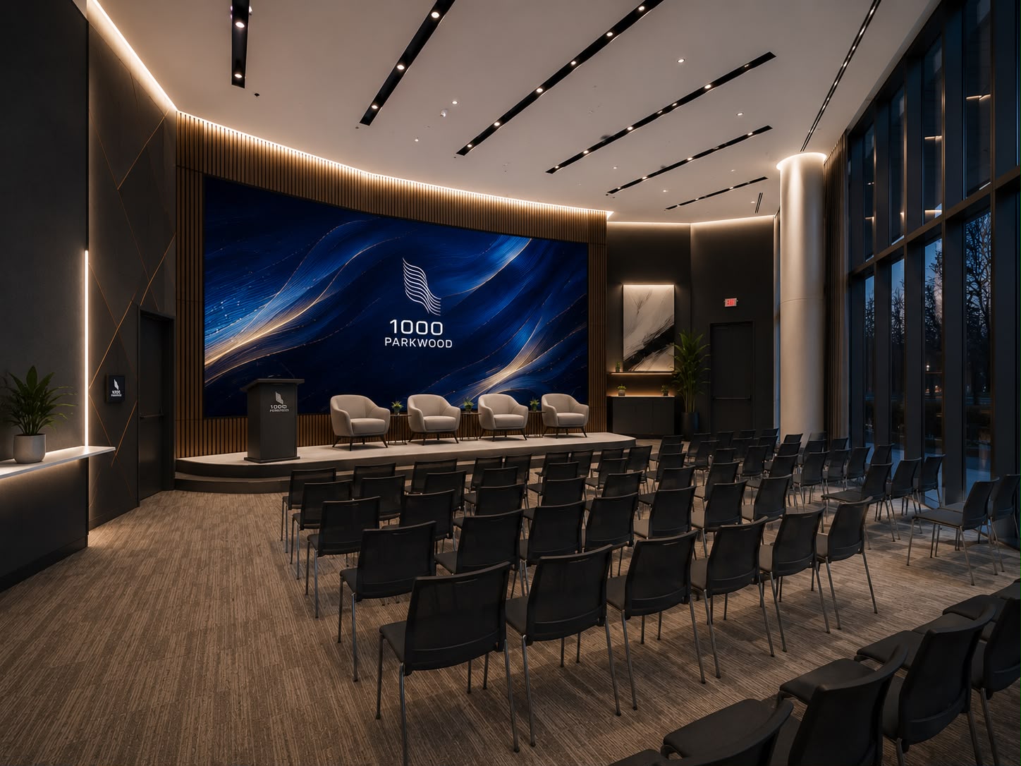 Conference room with an LED wall at 1000 Parkwood