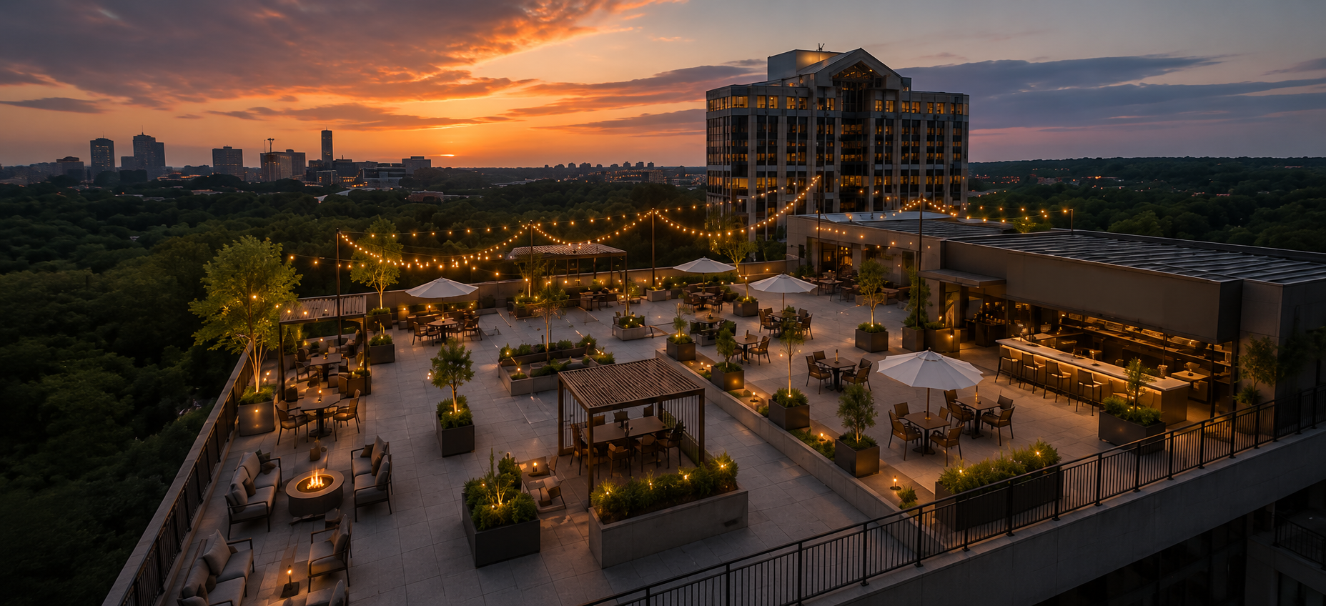 The same rooftop as a terrace at sunset
