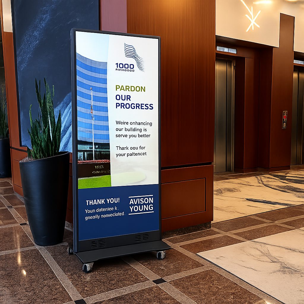 A Luminatech LED standee in the lobby carrying the building message